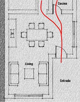 Plano 03: este espacio en forma de L complica el armado de este living comedor. Hay muchos metros cuadrados pero mal distribuidos que dificulta su aprovechamiento.